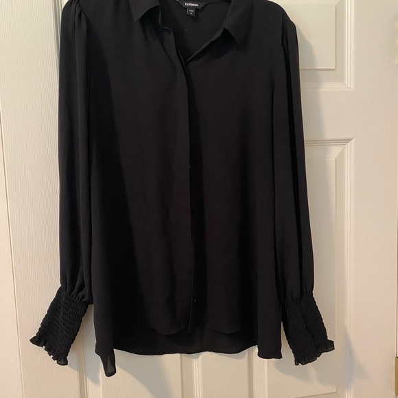 Express Black Women’s Button Down Long Sleeve Blouse with Smocked Cuffs - Picture 1 of 9